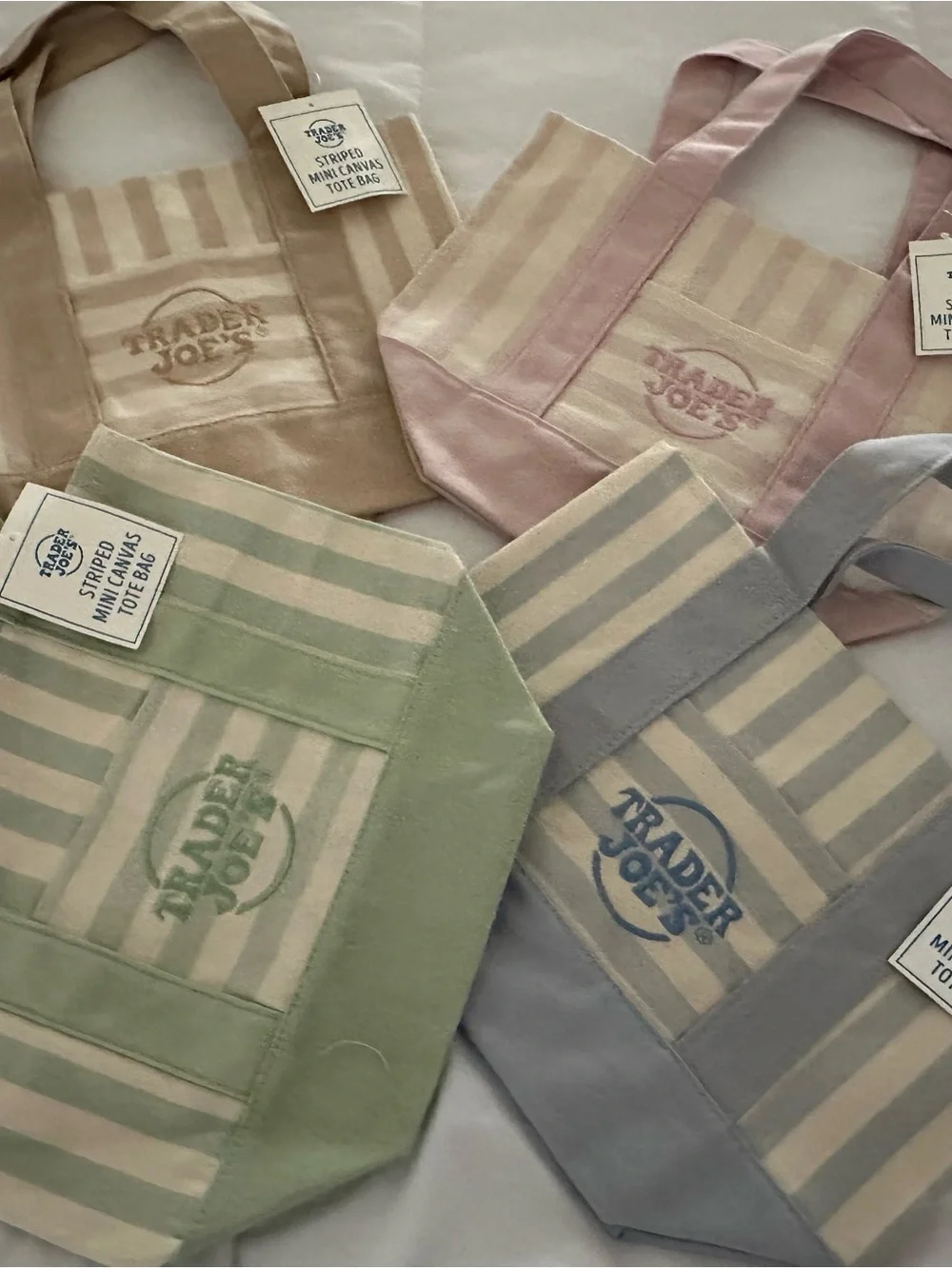 NWT Trader Joe’s Striped Mini Canvas Tote — Pastel Pink, Sage, Sky, and Tan